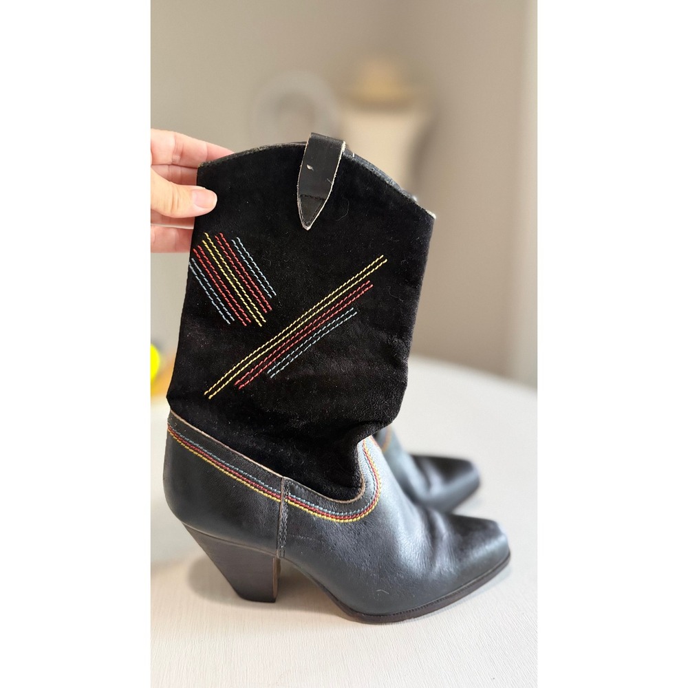 Vintage 80s Nine West Black Leather Suede Western Boots Rainbow Stitching Size 8
